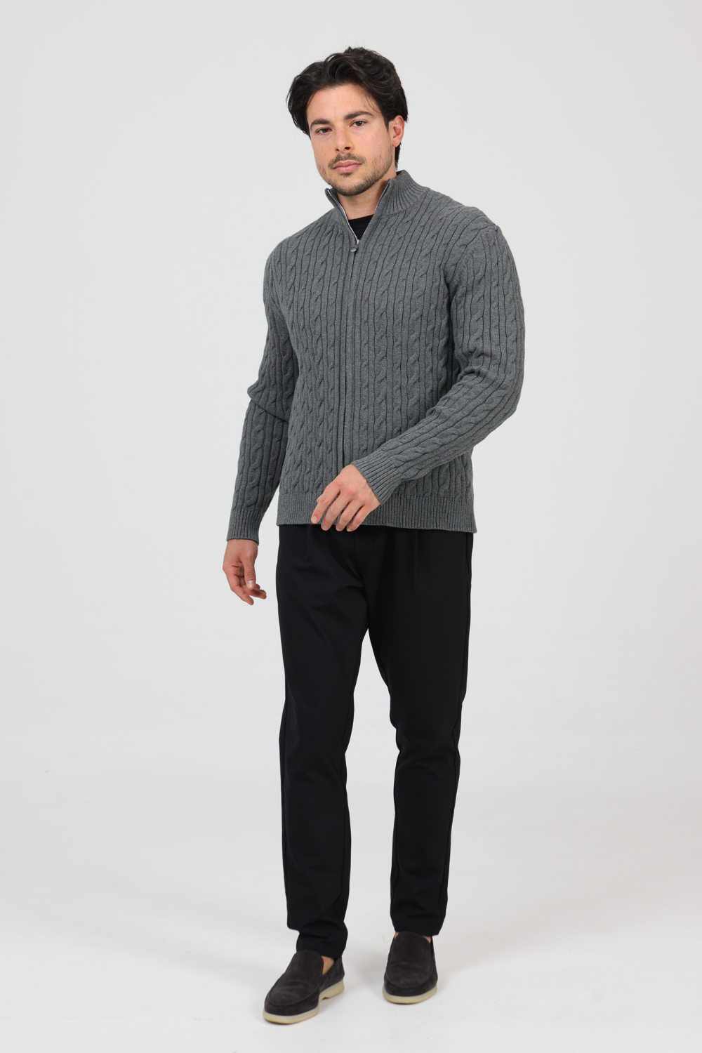 CHARCOAL CASHMERE CABLE KNIT FULL ZIP