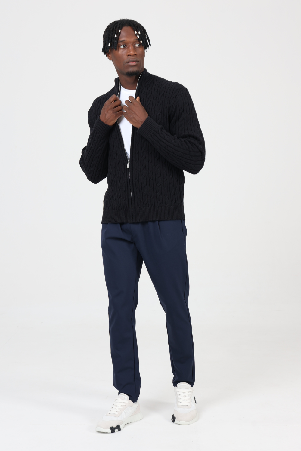BLACK CASHMERE CABLE KNIT FULL ZIP
