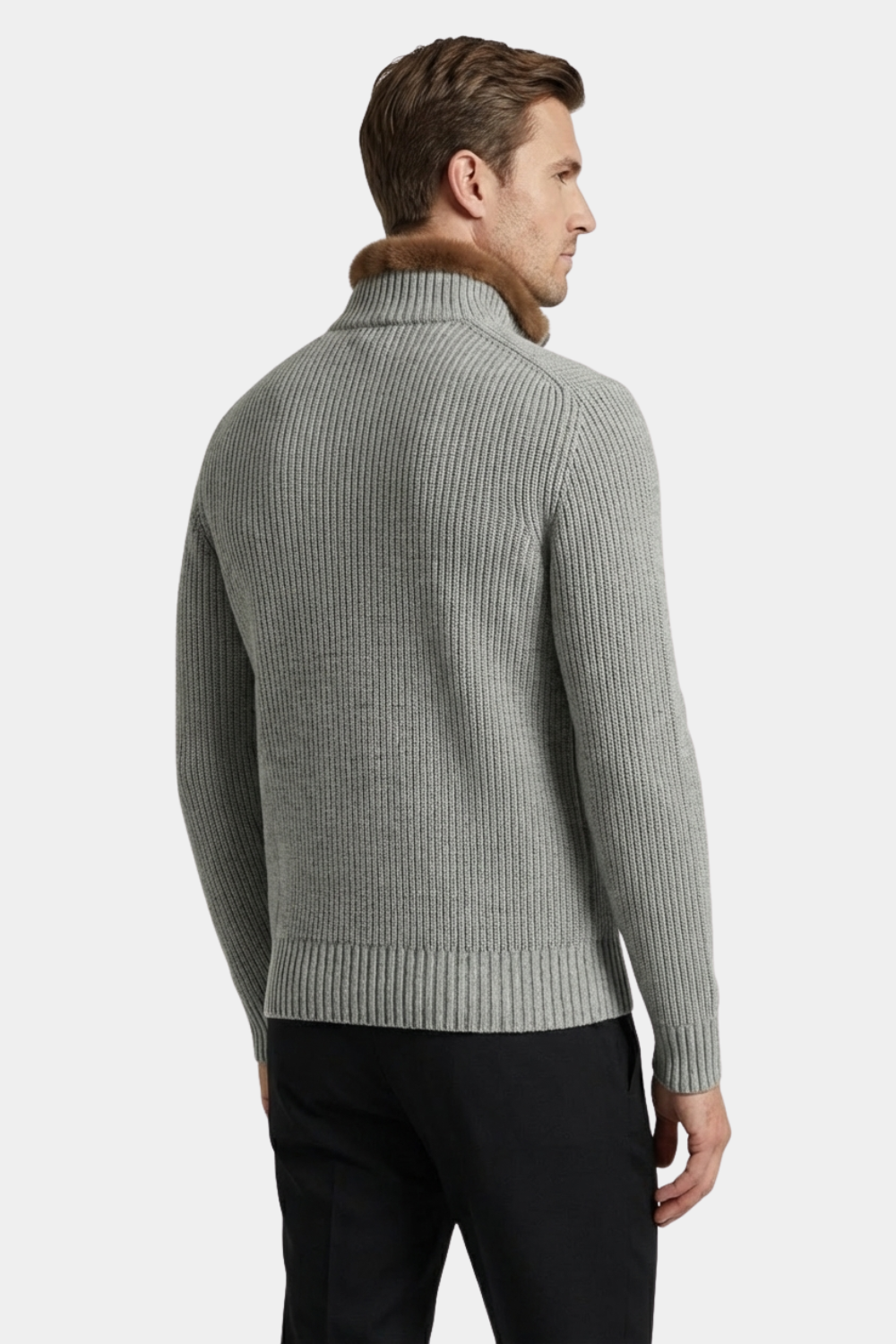 LIGHT GREY FUR COLLAR WOOL FULL ZIP