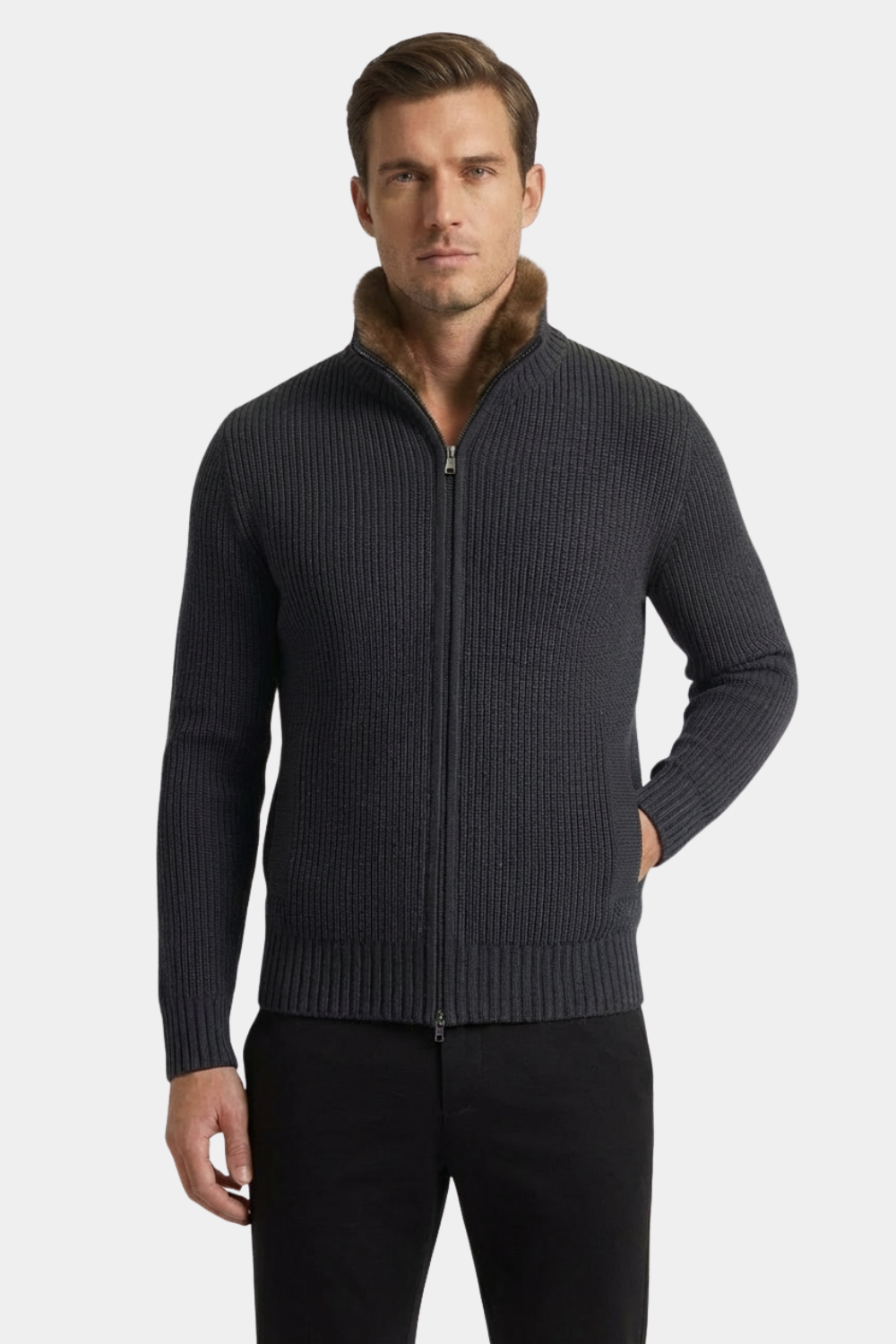 DARK GREY FUR COLLAR WOOL FULL ZIP