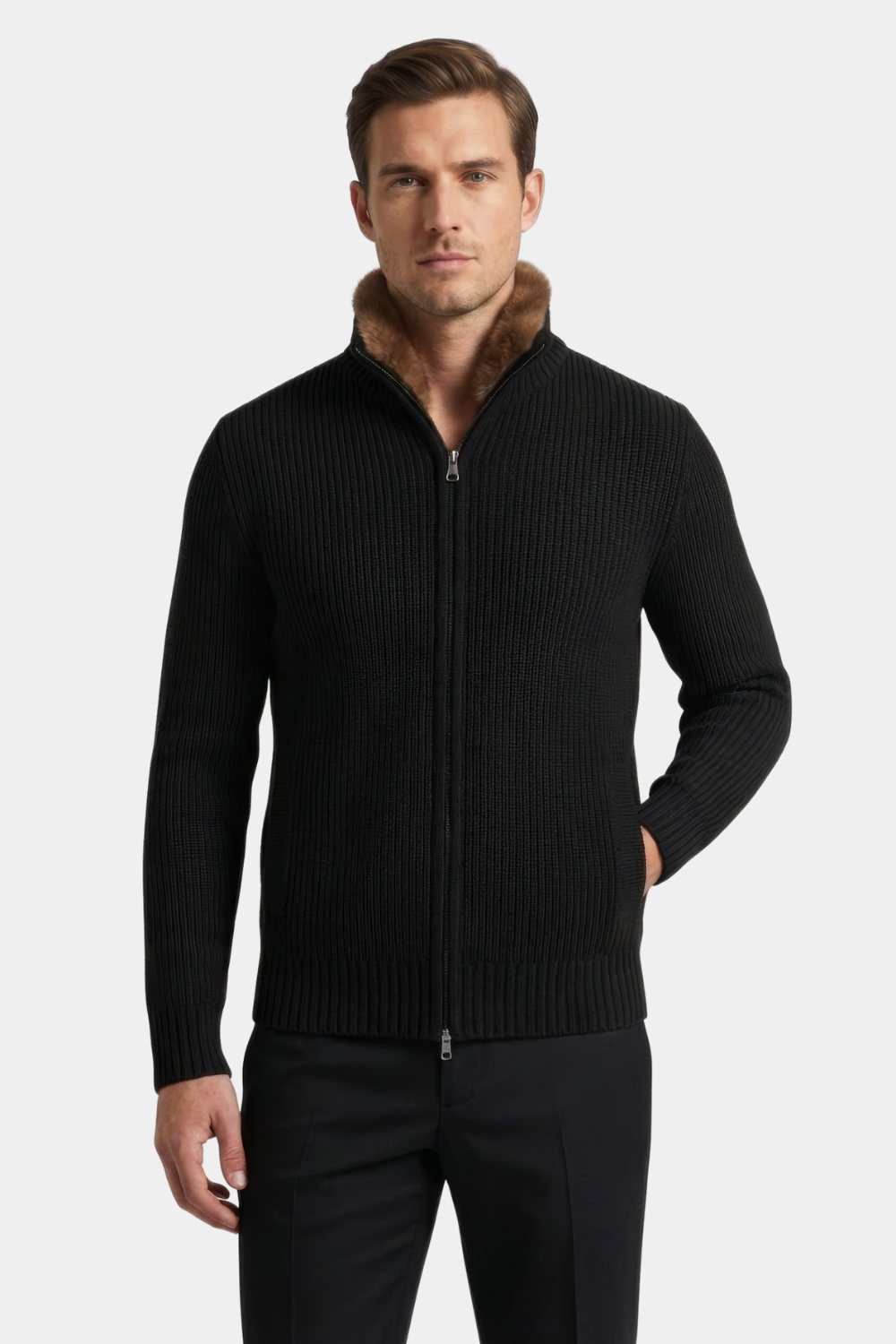 BLACK FUR COLLAR WOOL FULL ZIP