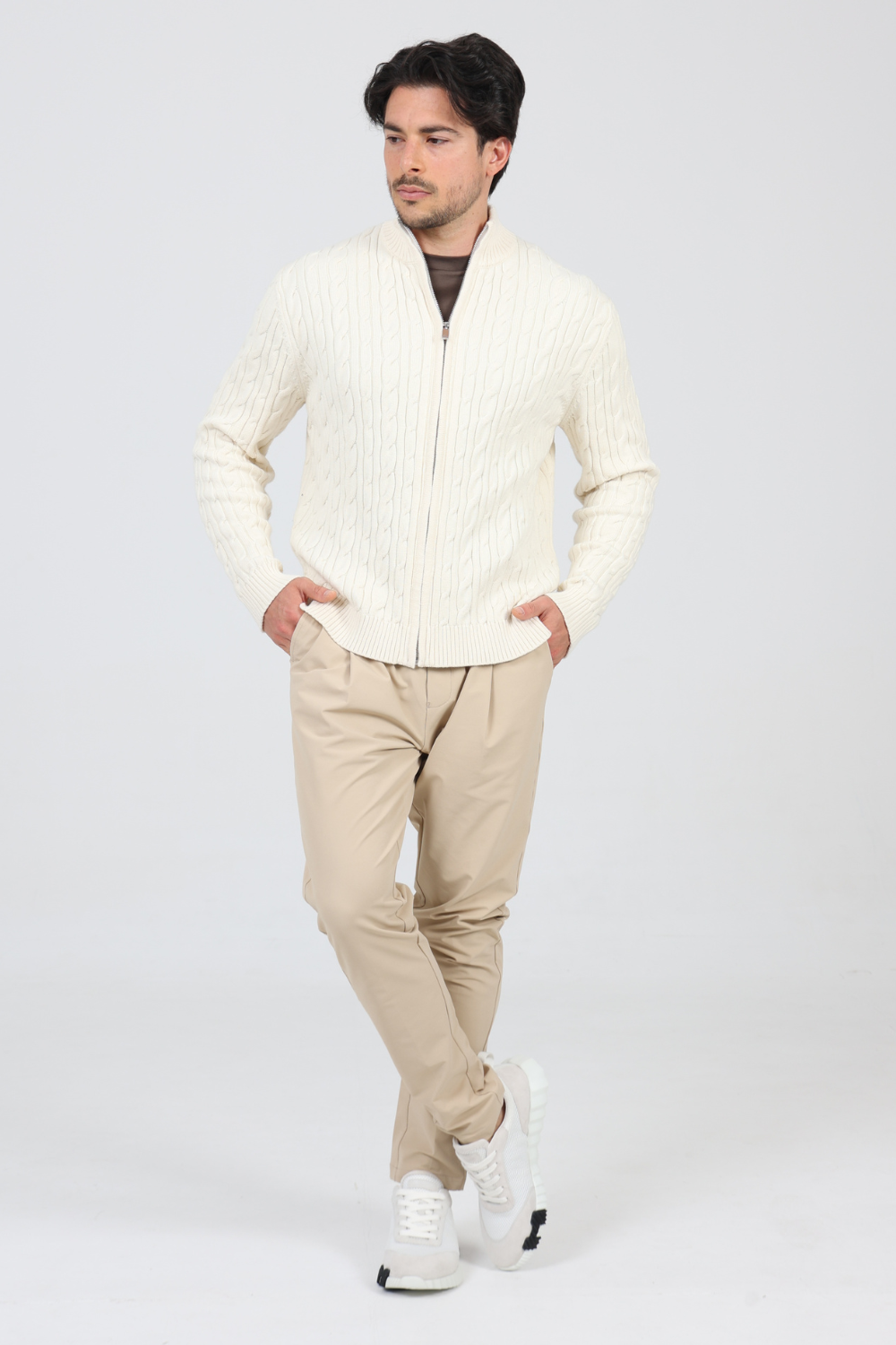 IVORY CASHMERE CABLE KNIT FULL ZIP