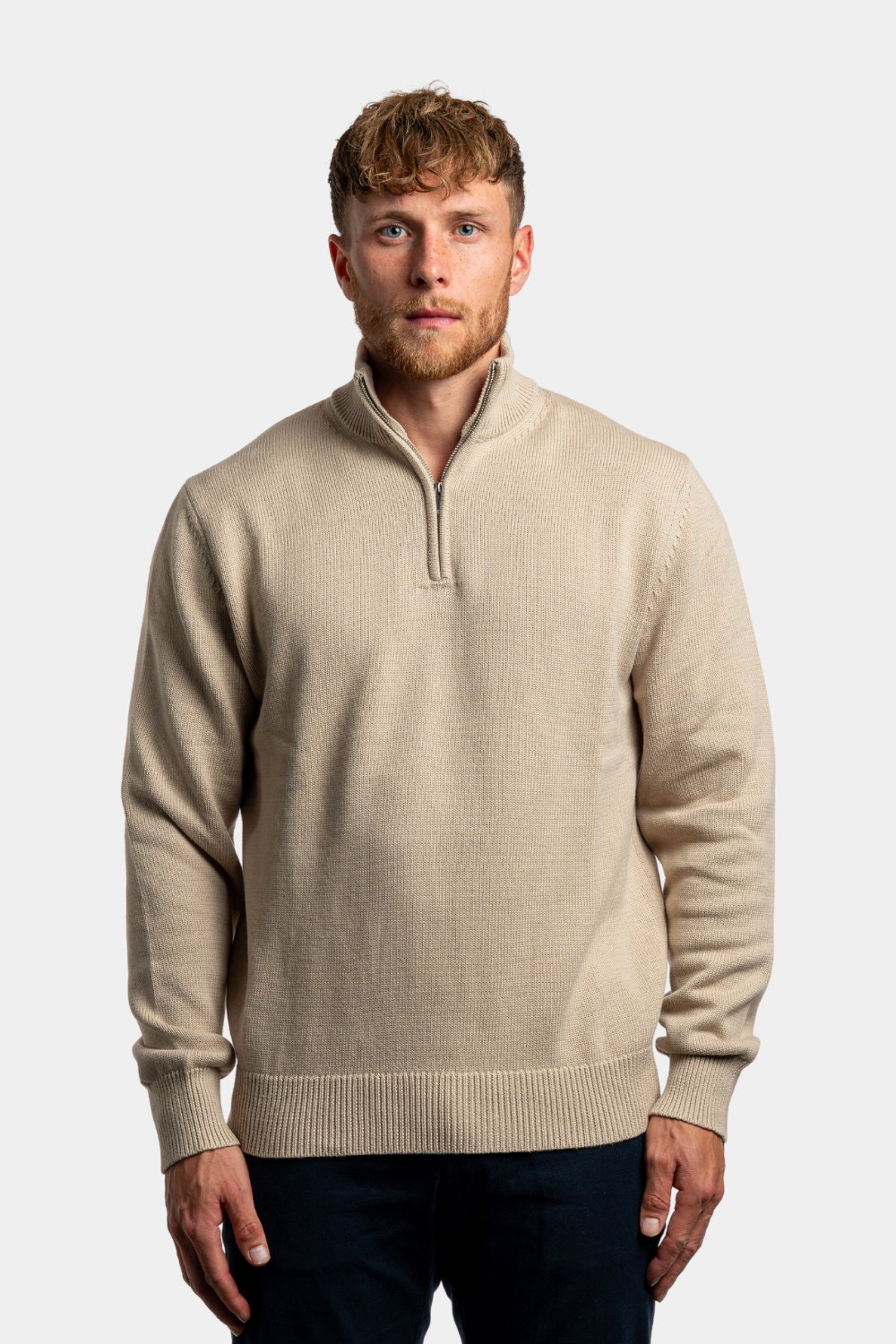 BEIGE QUARTER ZIP SWEATER