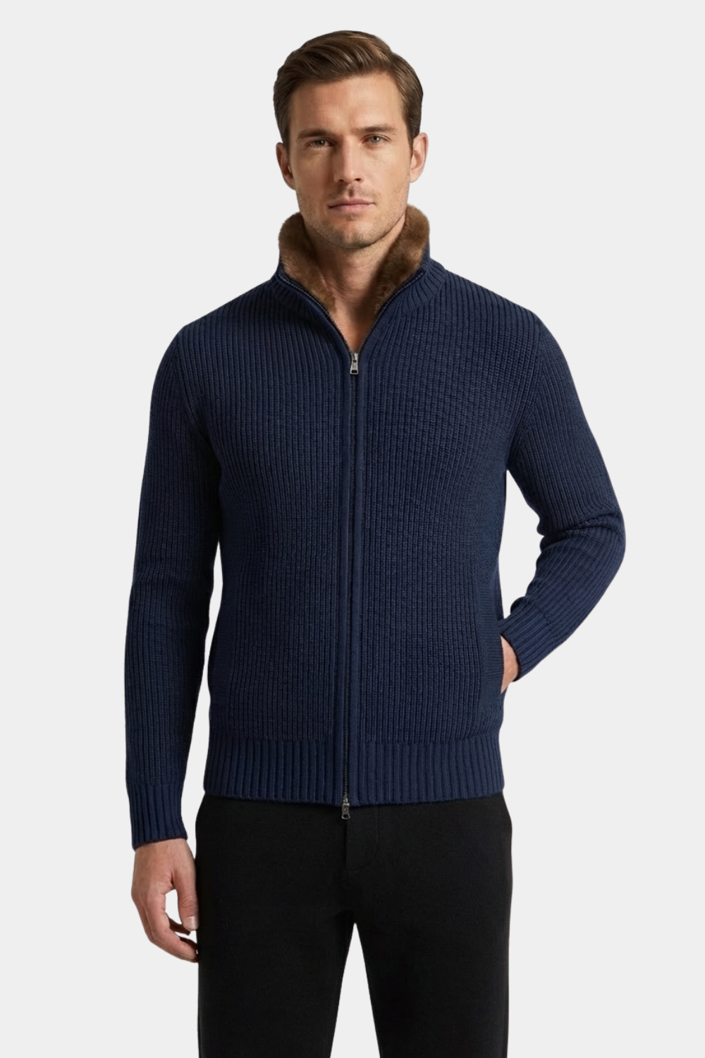 NAVY BLUE FUR COLLAR WOOL FULL ZIP