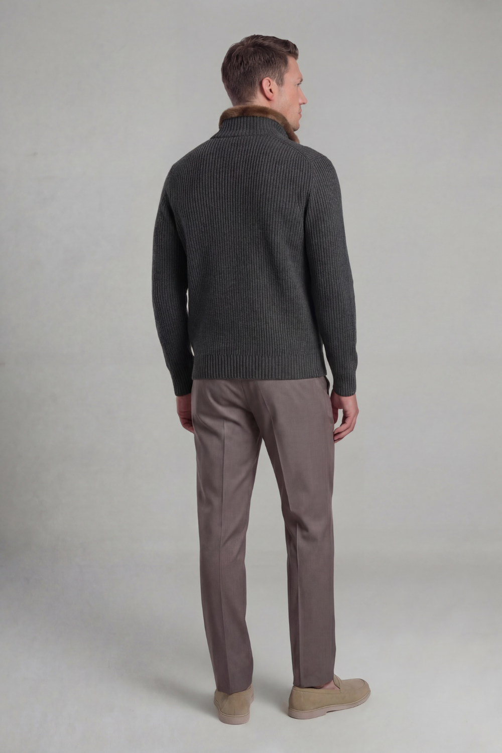 DARK GREY FUR COLLAR WOOL FULL ZIP