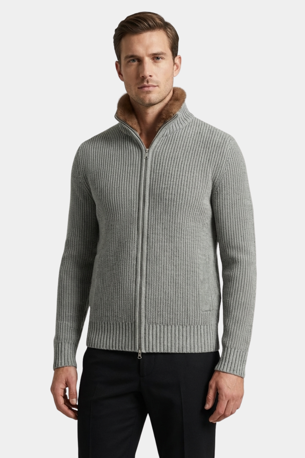 LIGHT GREY FUR COLLAR WOOL FULL ZIP