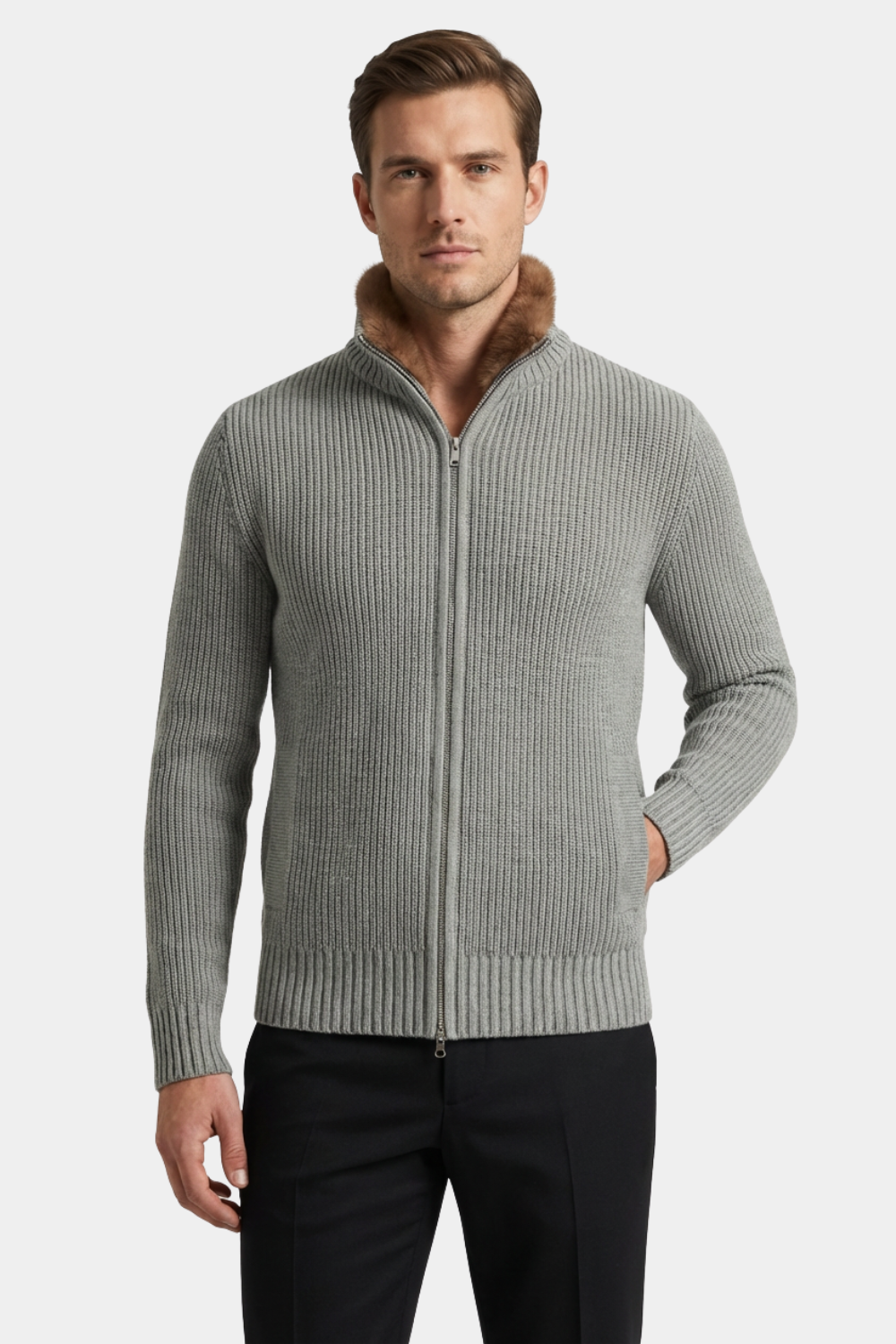 LIGHT GREY FUR COLLAR WOOL FULL ZIP