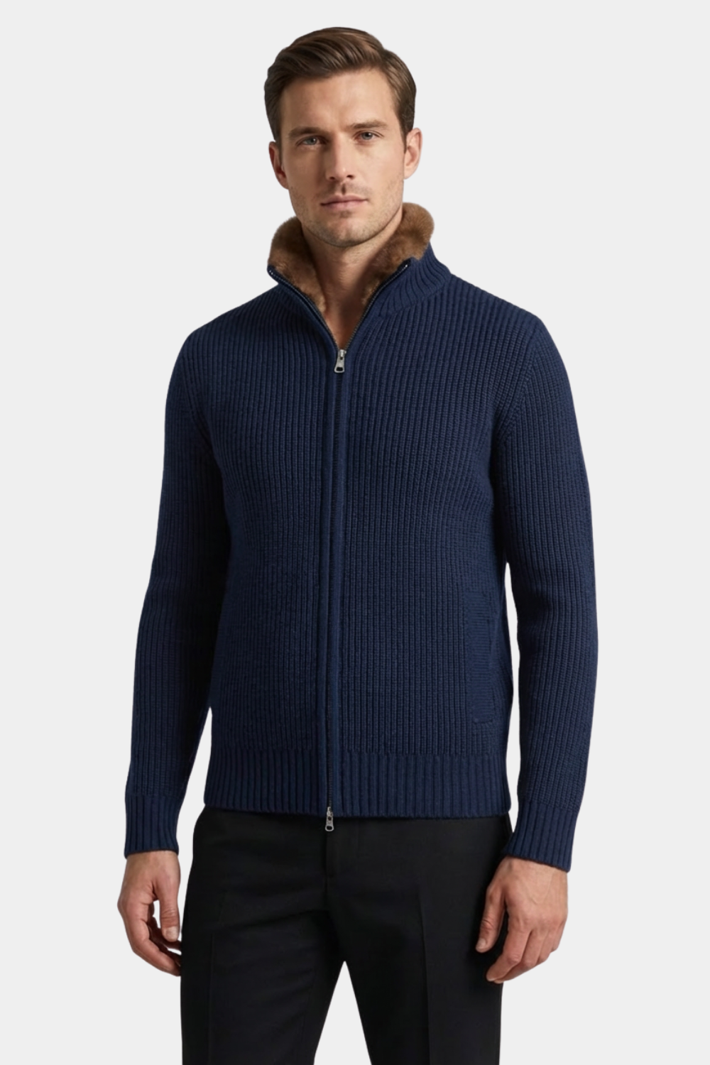 NAVY BLUE FUR COLLAR WOOL FULL ZIP