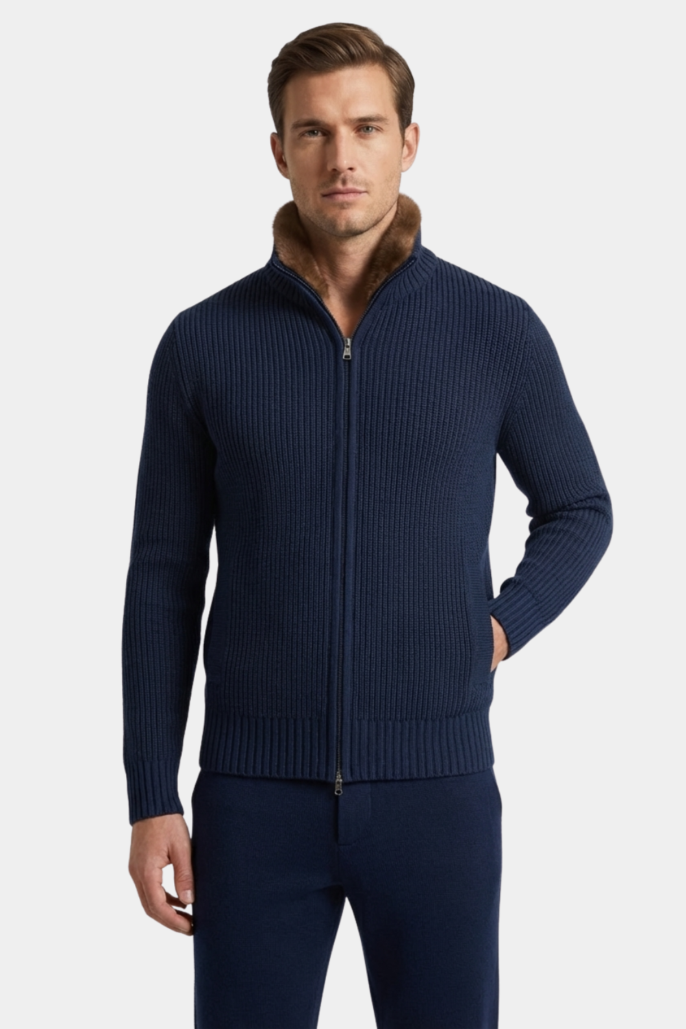 NAVY BLUE FUR COLLAR WOOL FULL ZIP