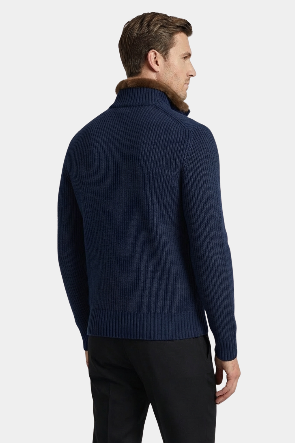 NAVY BLUE FUR COLLAR WOOL FULL ZIP