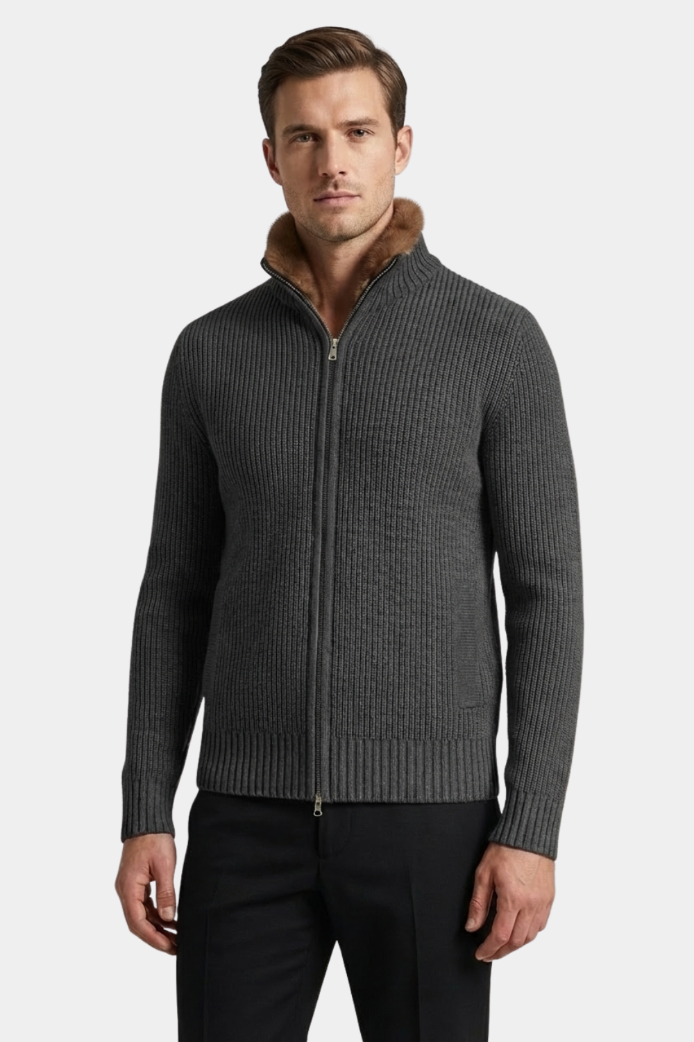 DARK GREY FUR COLLAR WOOL FULL ZIP