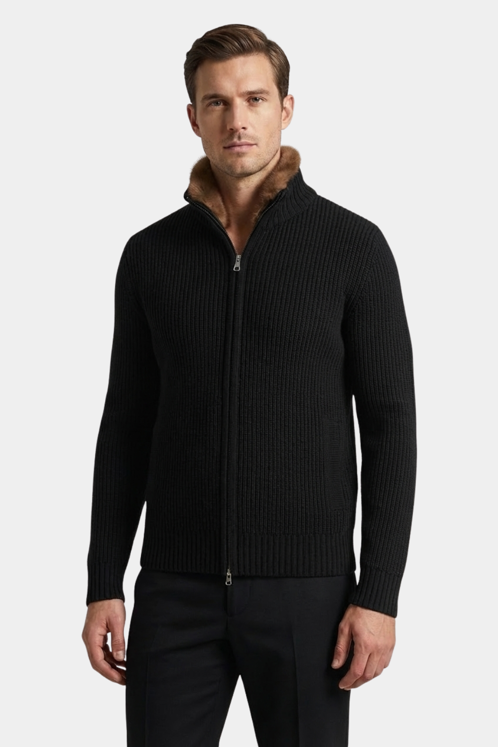 BLACK FUR COLLAR WOOL FULL ZIP