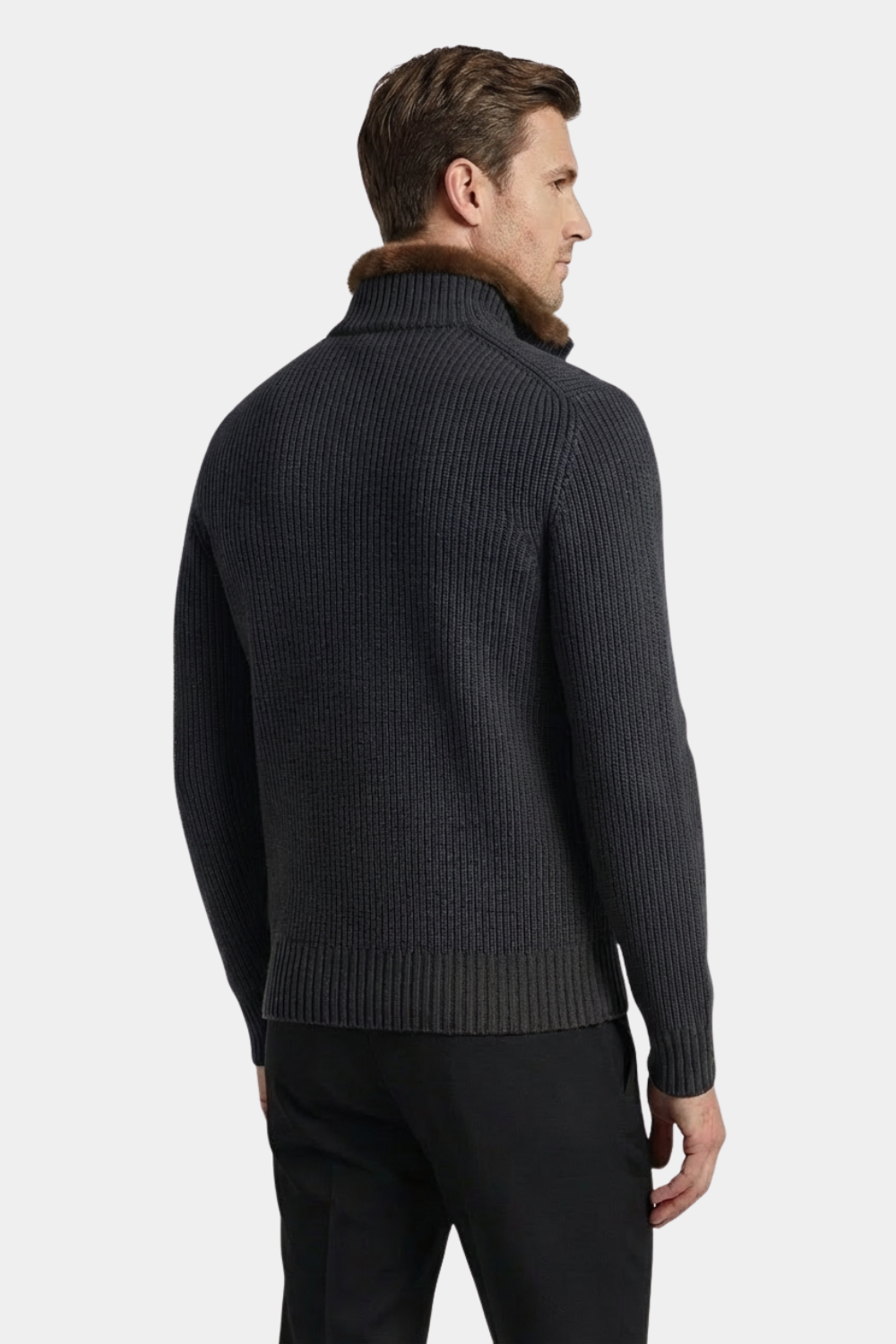 DARK GREY FUR COLLAR WOOL FULL ZIP