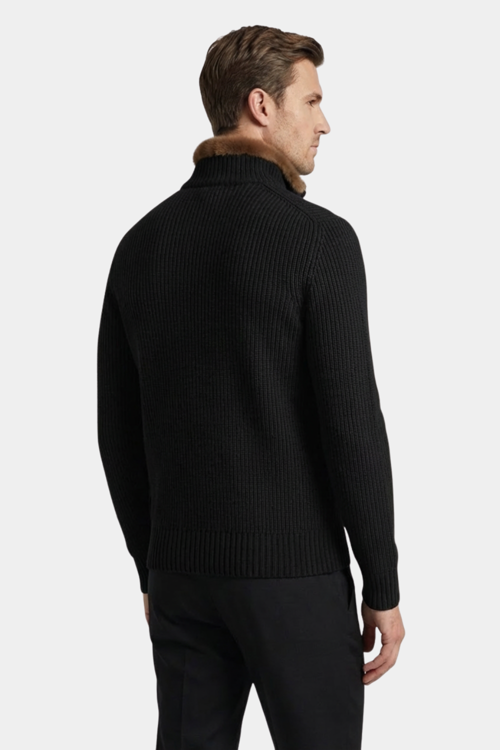 BLACK FUR COLLAR WOOL FULL ZIP