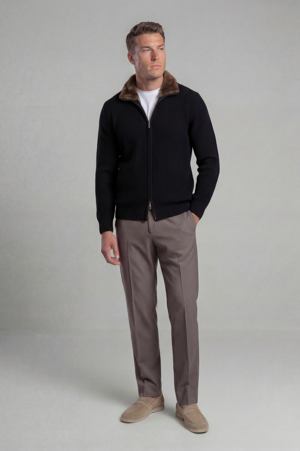 BLACK FUR COLLAR WOOL FULL ZIP