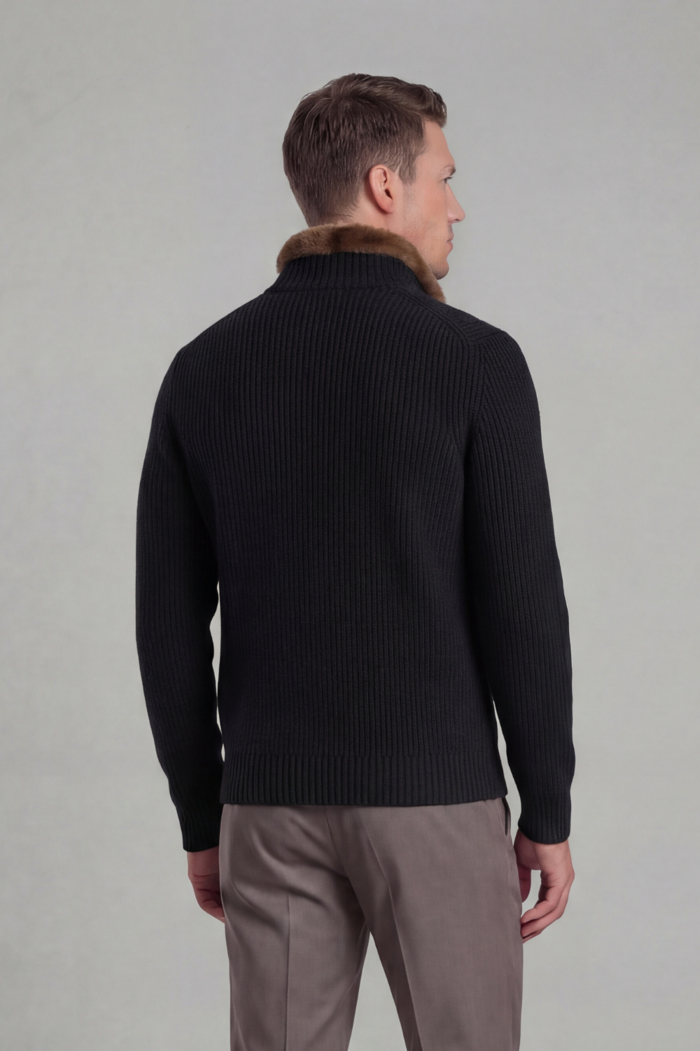 BLACK FUR COLLAR WOOL FULL ZIP