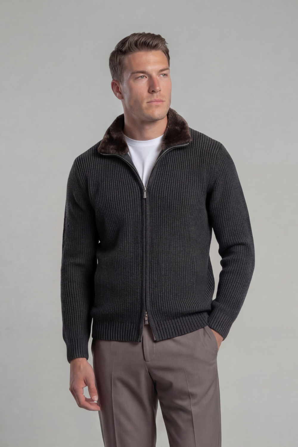 DARK GREY FUR COLLAR WOOL FULL ZIP