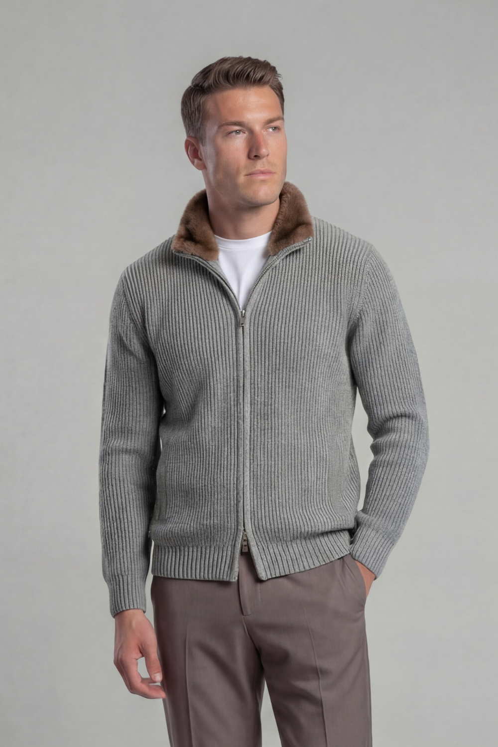 LIGHT GREY FUR COLLAR WOOL FULL ZIP