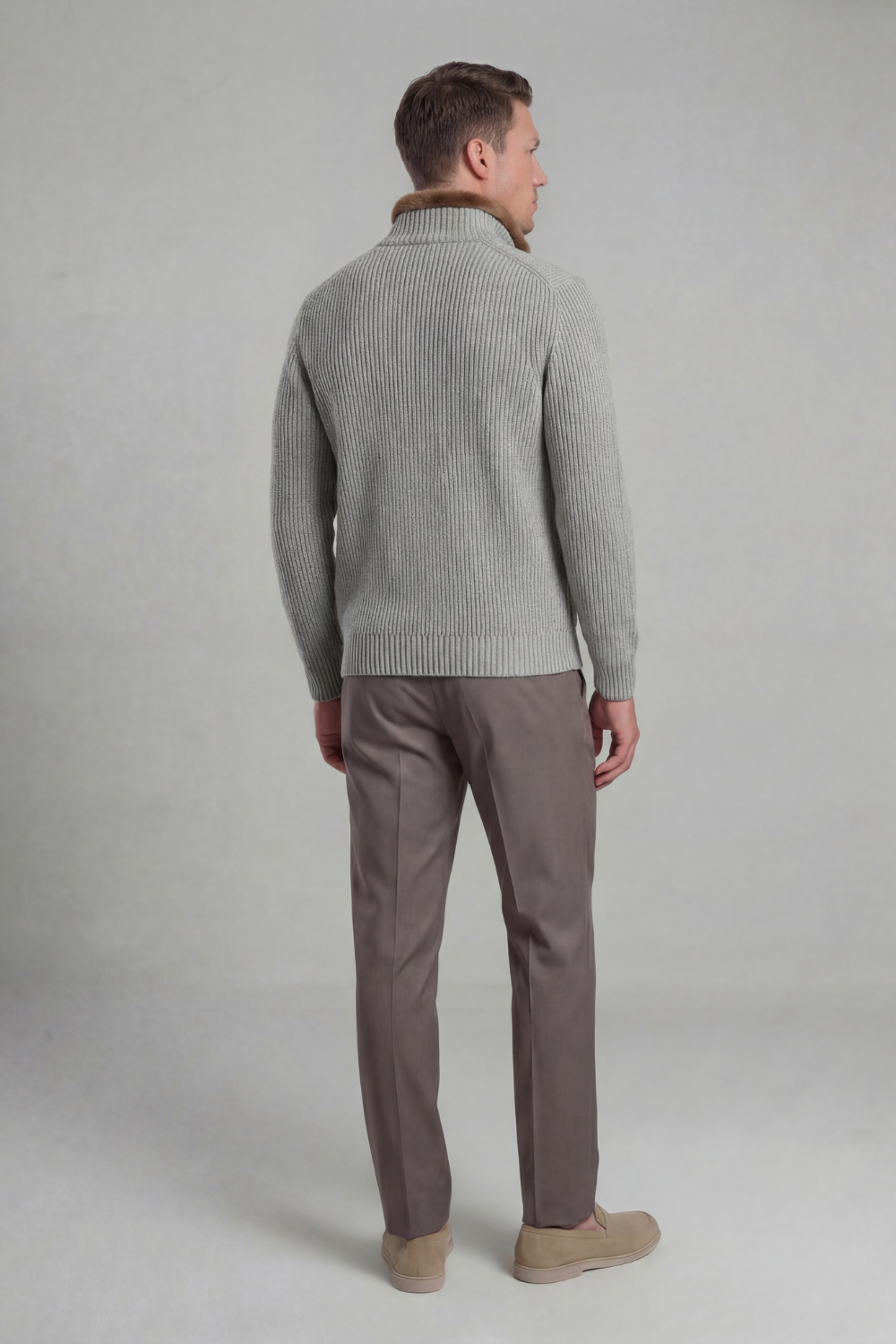 LIGHT GREY FUR COLLAR WOOL FULL ZIP