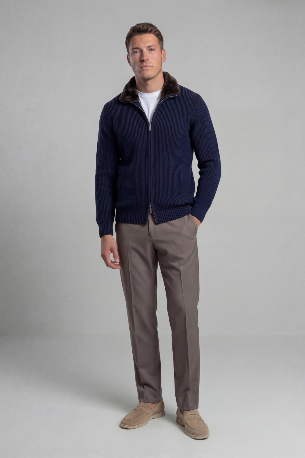 NAVY BLUE FUR COLLAR WOOL FULL ZIP